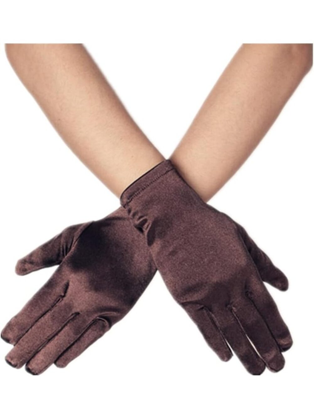 Women Brown Wrist Length Vintage Style 9 Inches Short Satin Mittens Opera Gloves
